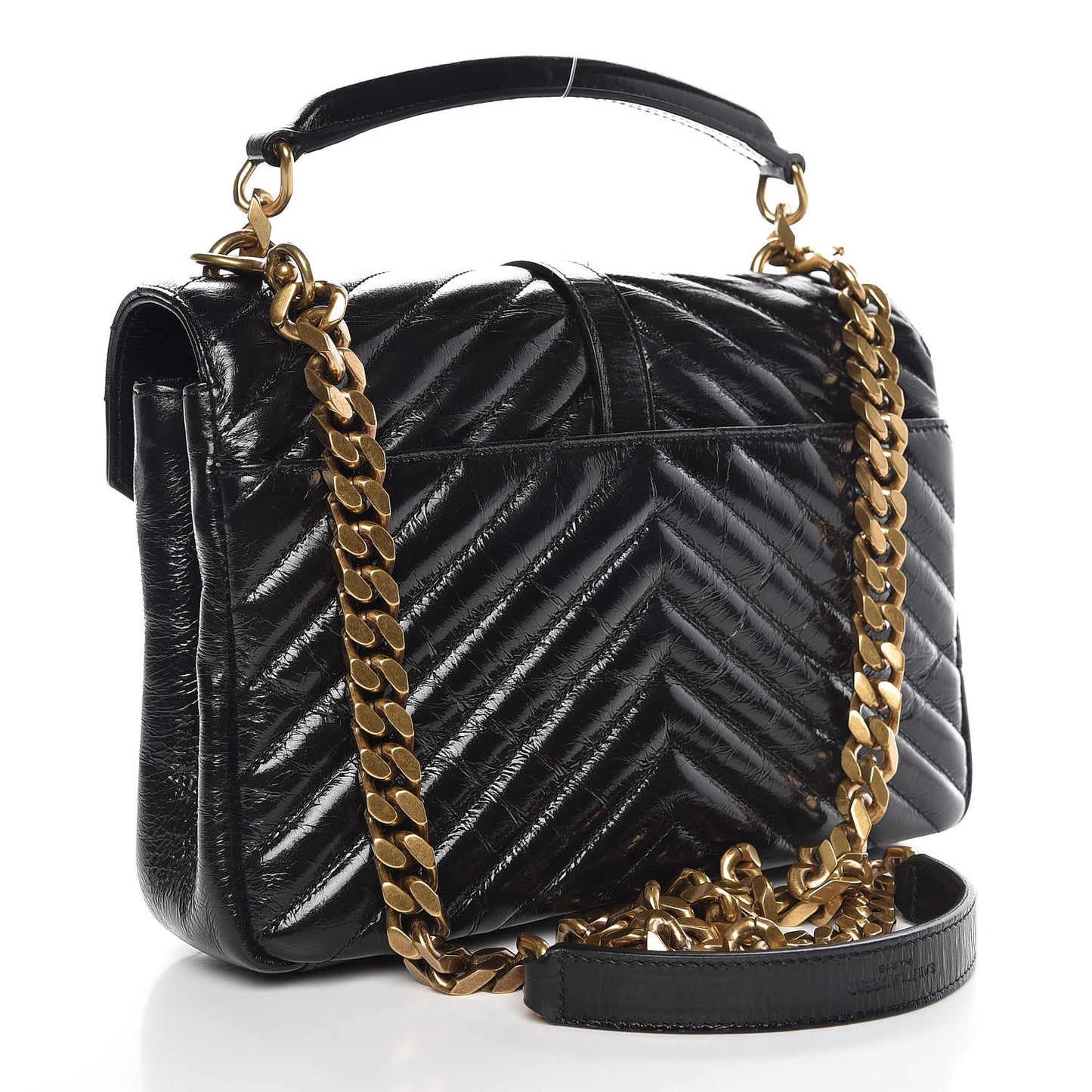 Cracked Shiny Calfskin Matelasse Chevron Monogram Medium College Bag Black