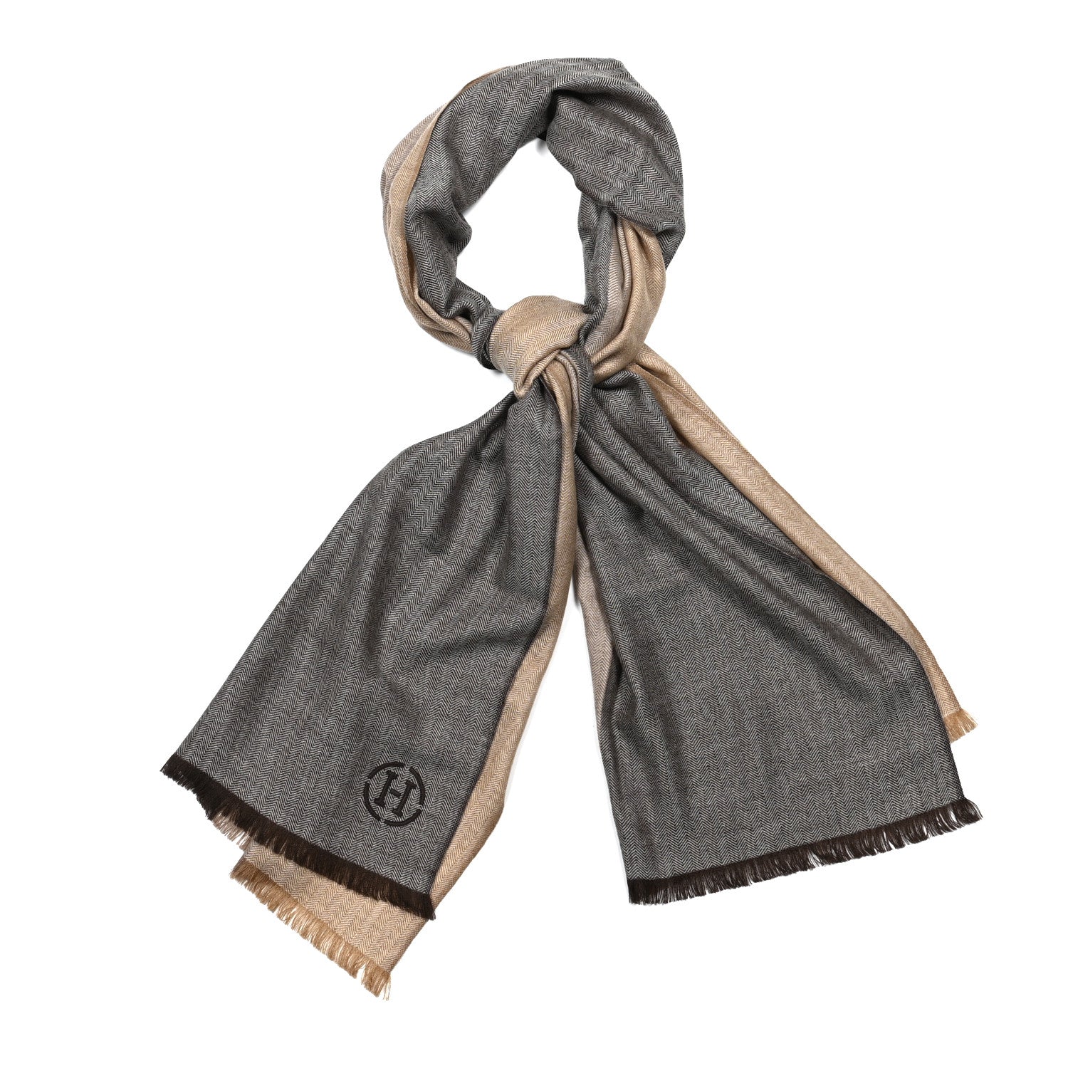 Hermes Cashmere Colorblock Himalaya Artisanale Muffler Brun Taupe Camel 1 of 3