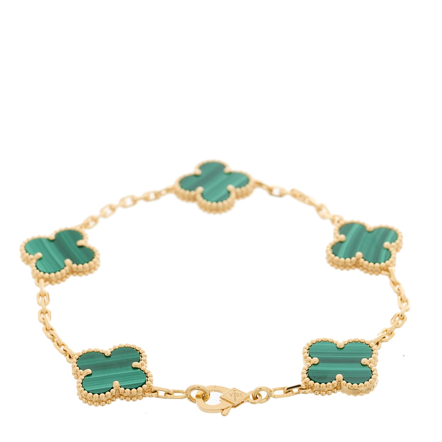 18K Yellow Gold Malachite 5 Motifs Vintage Alhambra Bracelet