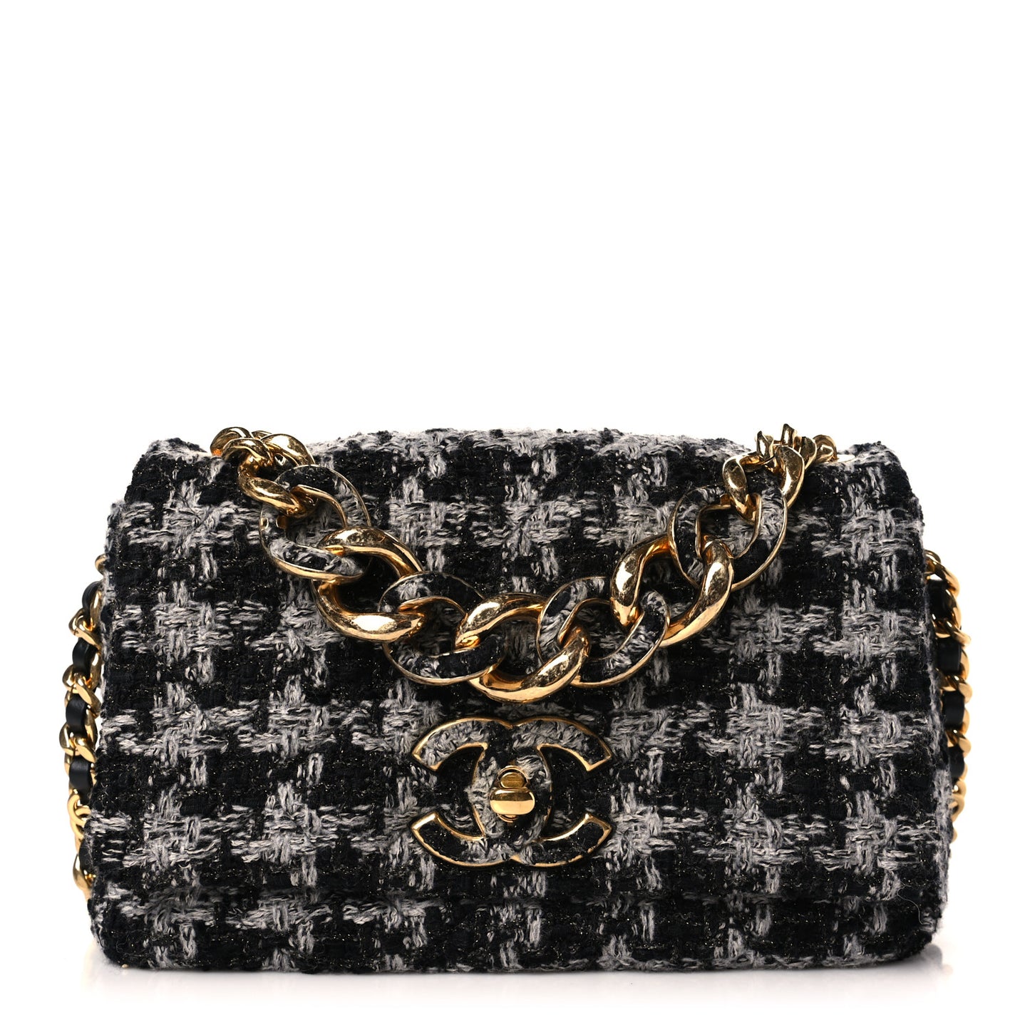 Wool Tweed Quilted Elegant Chain Flap Black Grey