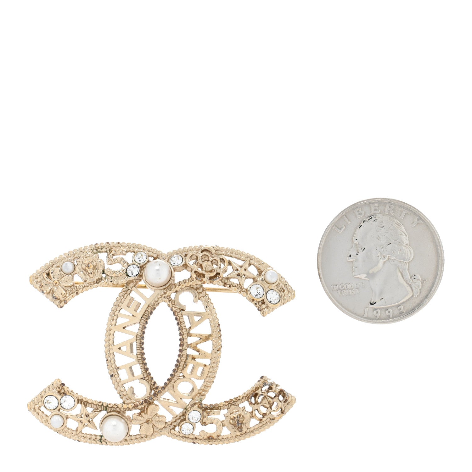 Chanel Crystal Pearl Chanel Charms CC Logo Brooch Gold 2 of 5