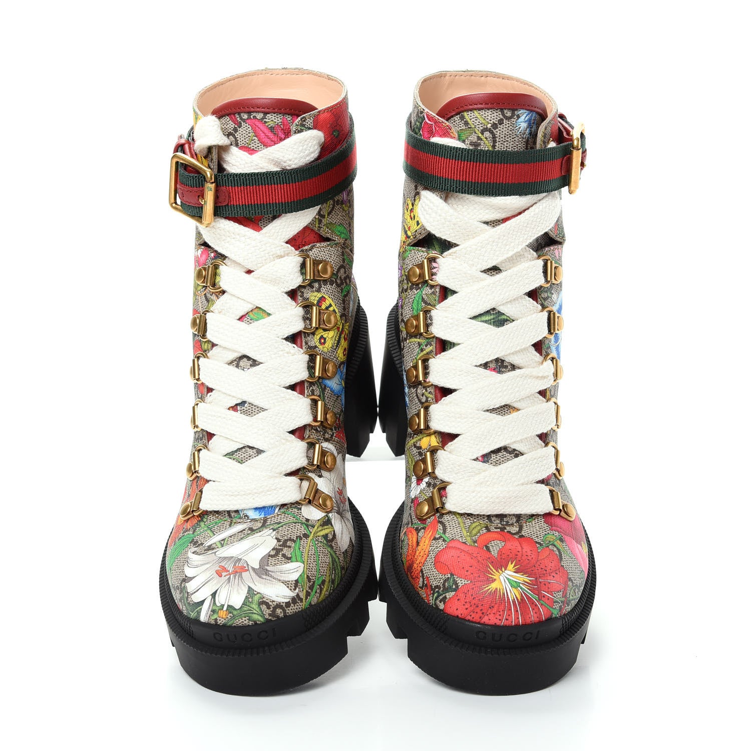 Gucci GG Supreme Monogram Flora Lace Up Combat Ankle Boots 36.5 Beige Multicolor Red 5 of 11