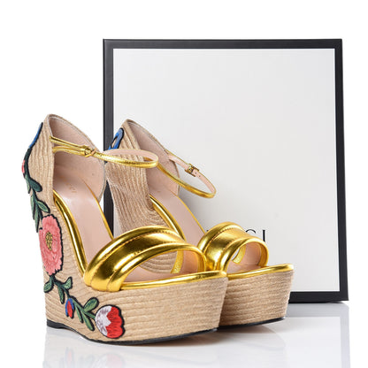 Gucci Metallic Nappa Ophelia Espadrille Platform Wedge Sandals 40 Oro Vecchio 8 of 8