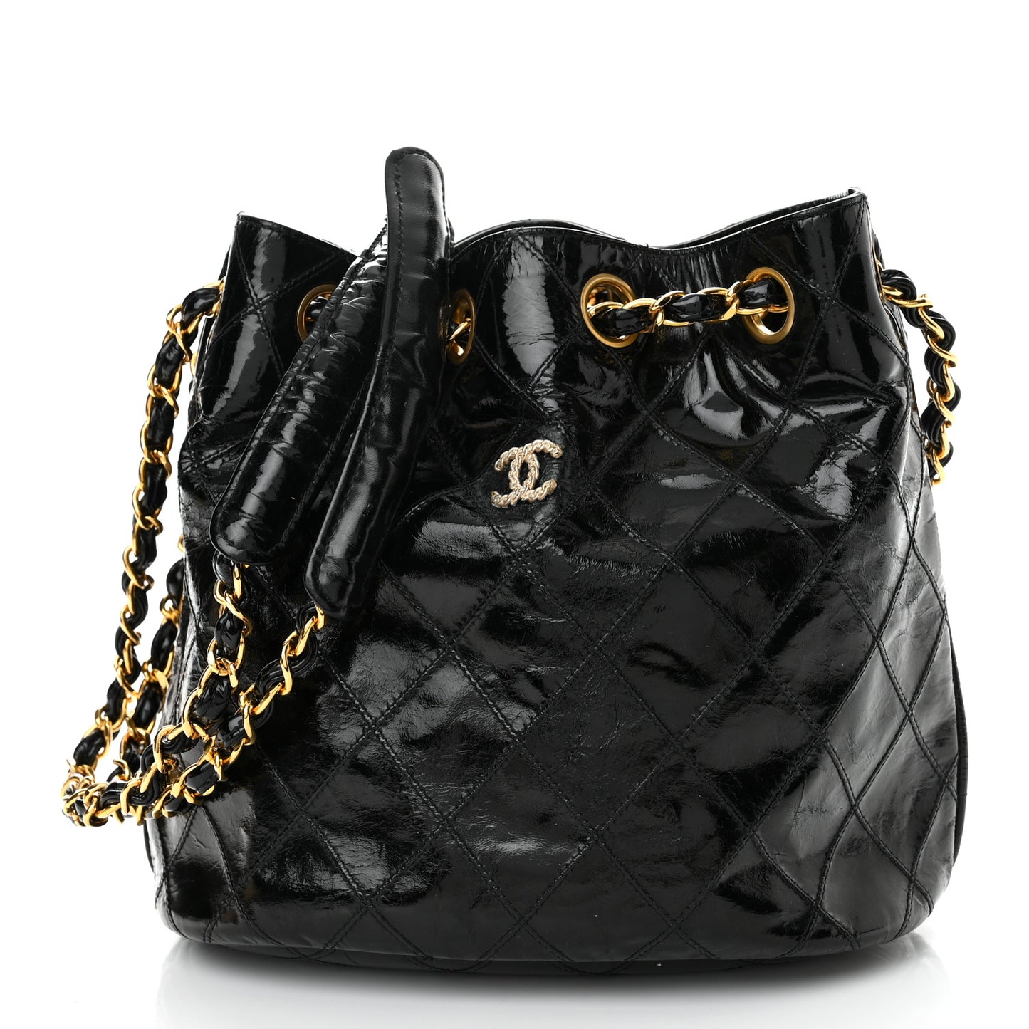Patent Stitched Drawstring Shoulder Bag Black
