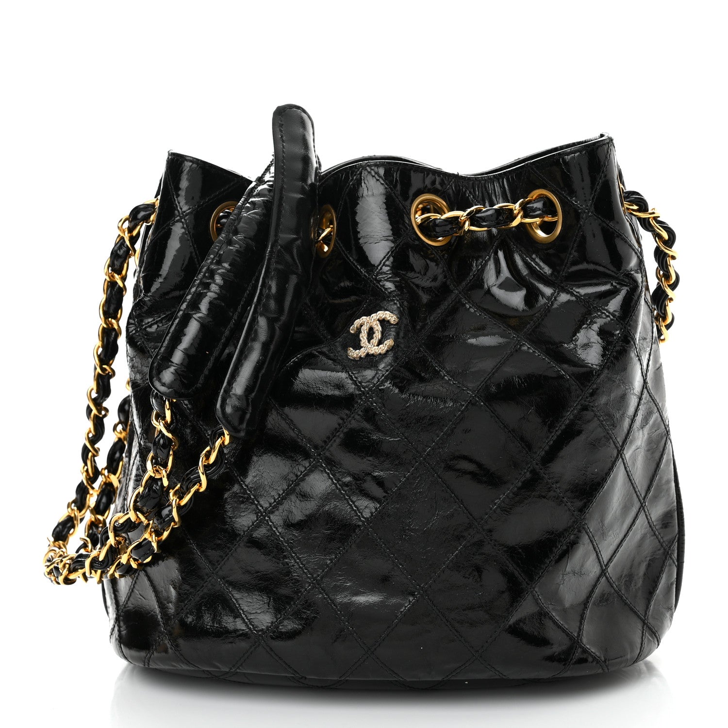 Chanel Patent Stitched Drawstring Shoulder Bag Black 3 of 15