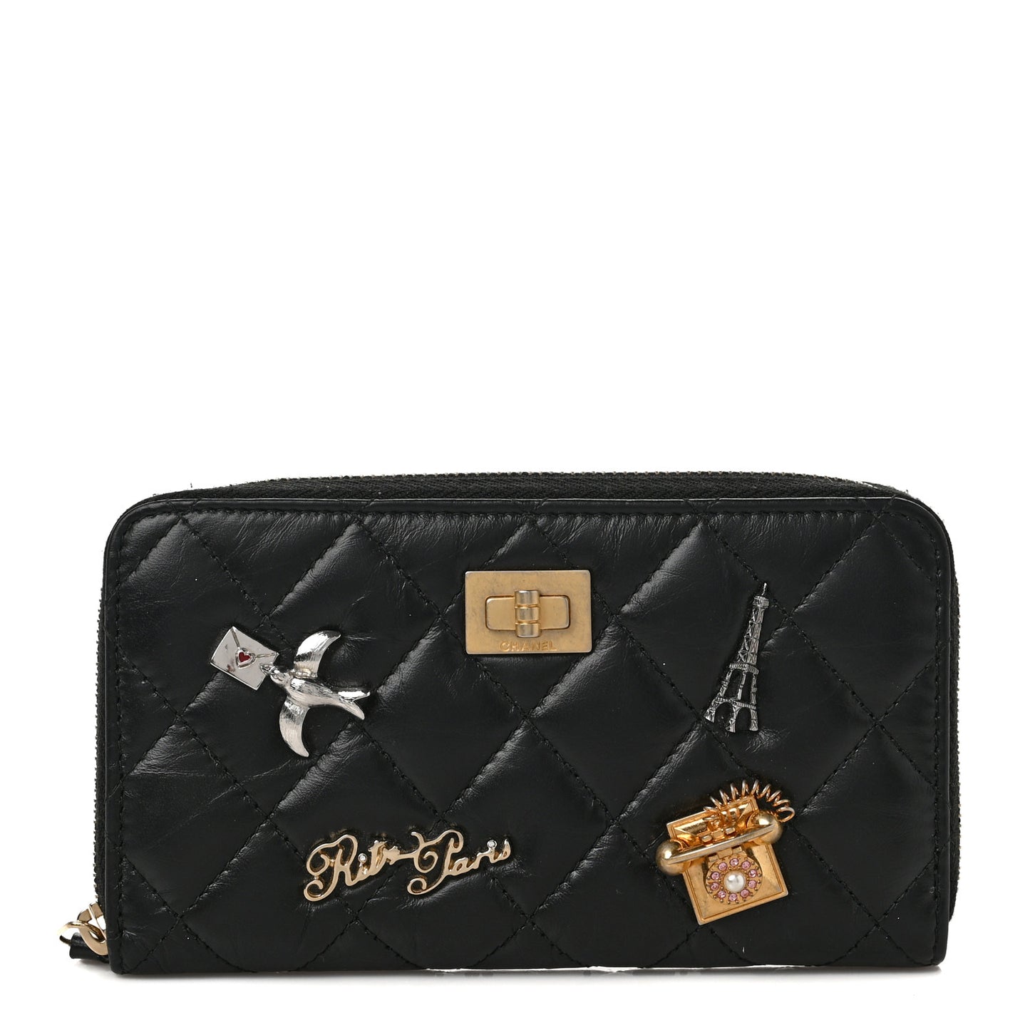 Aged Calfskin Quilted Small Lucky Charms 2.55 Reissue Zip Around Wallet Black
