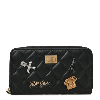 Chanel Aged Calfskin Quilted Small Lucky Charms 2.55 Reissue Zip Around Wallet Black 1 of 8