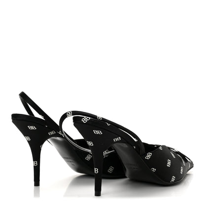 Balenciaga Satin BB Logo Pointed Toe Knife Slingback Mules 38 Black White 5 of 11