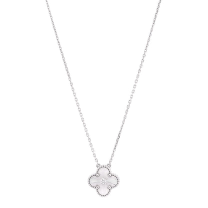 Van Cleef & Arpels 18K White Gold Diamond Guilloche Vintage Alhambra Pendant Necklace 1 of 6