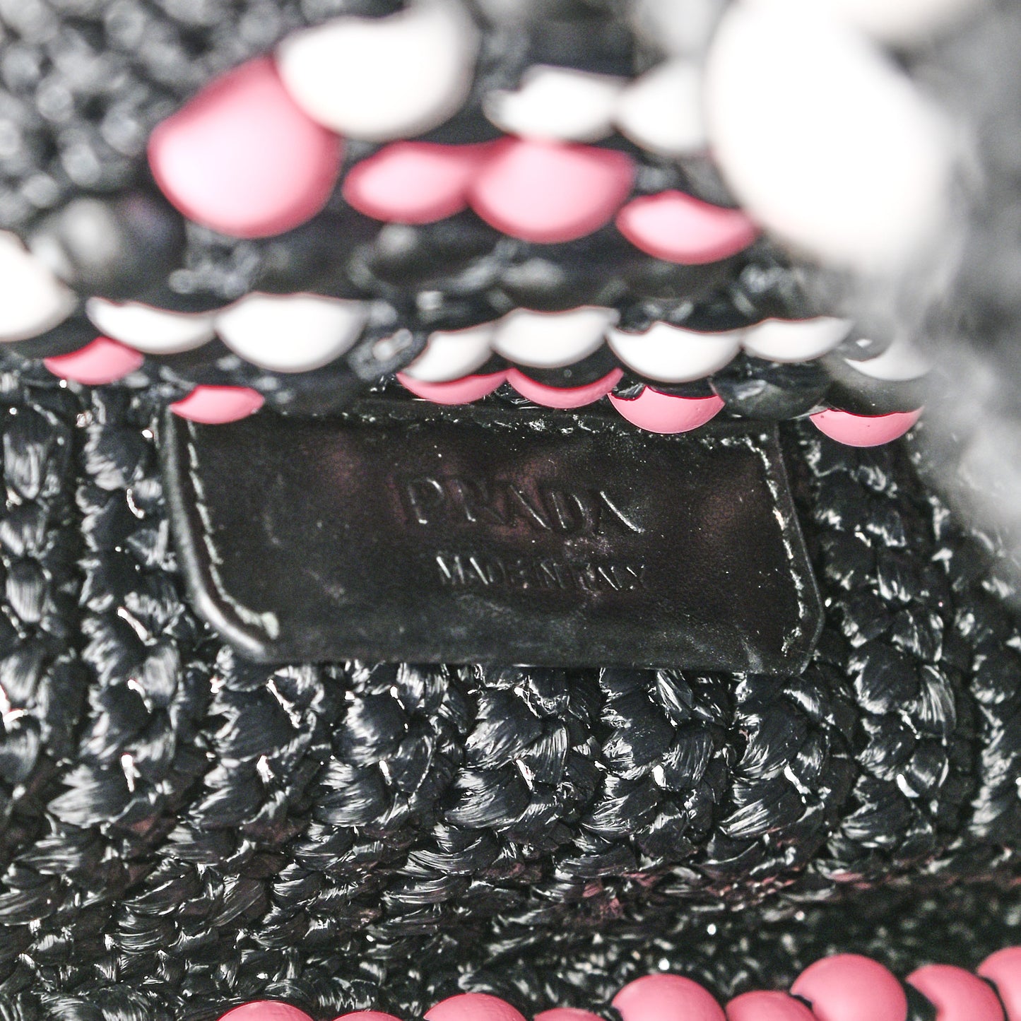 Raffia Wood Bead Embroidered Logo Tote Bag Black