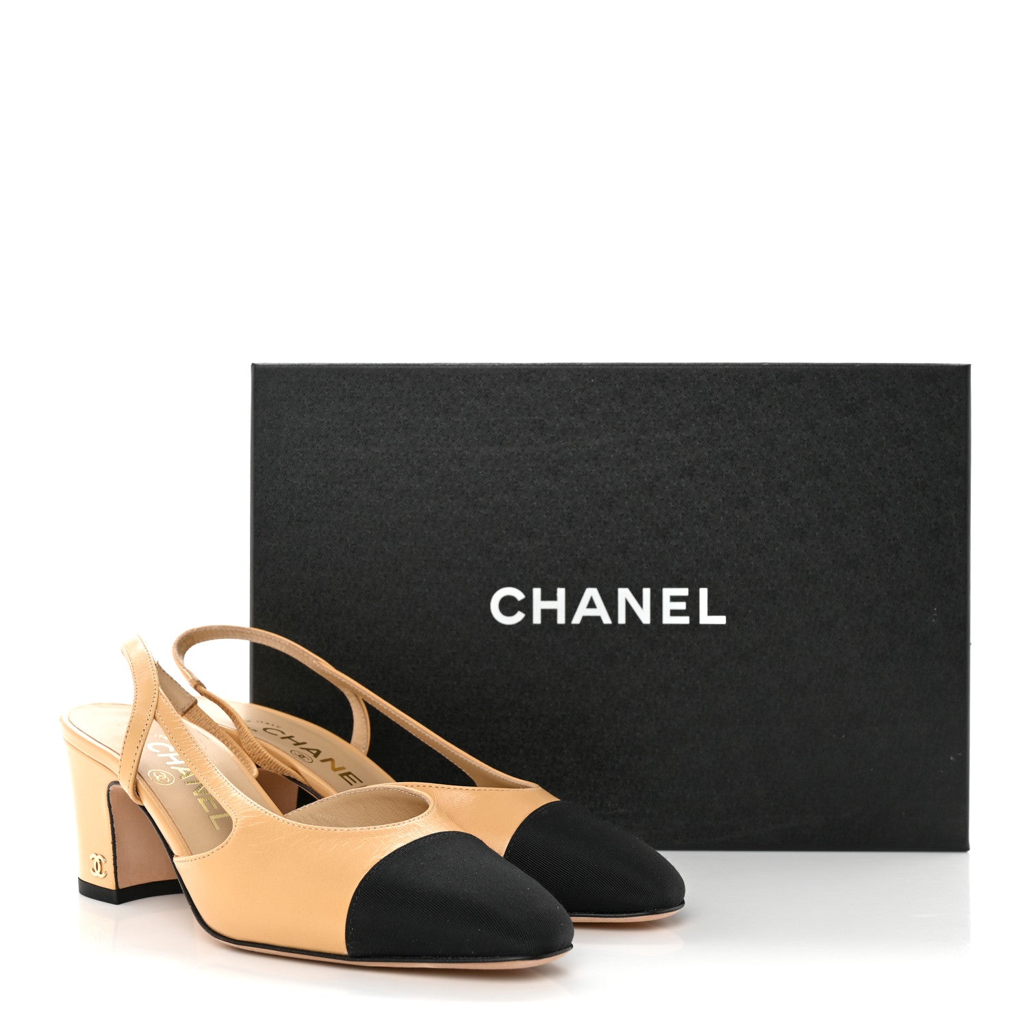 Chanel Goatskin Grosgrain Cap Toe CC Slingback Pumps 35.5 Beige Black 11 of 11