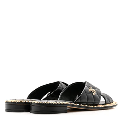Chanel Shiny Lambskin Quilted Chain CC Sandals 40 Black 5 of 10