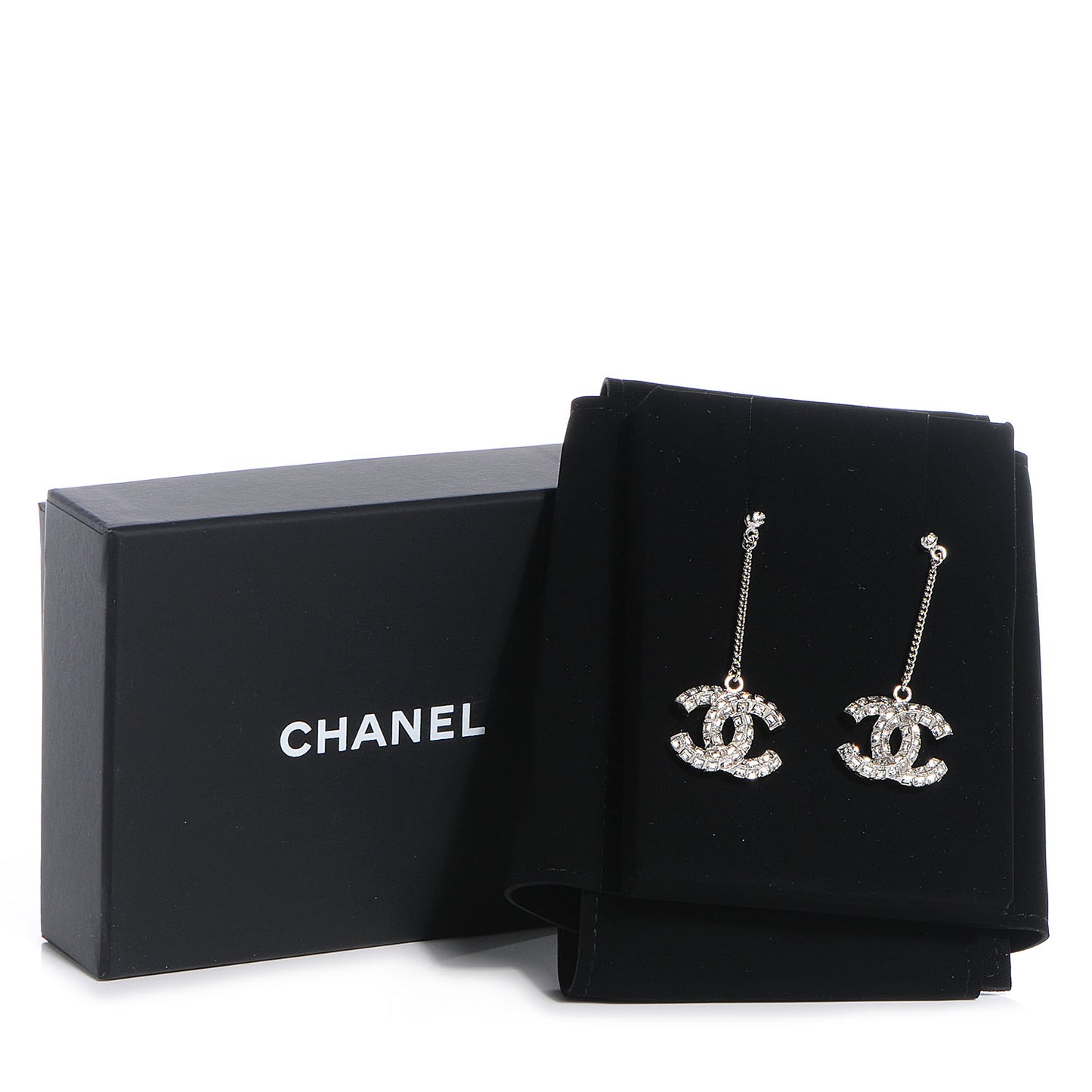 Baguette Crystal CC Drop Earrings Silver