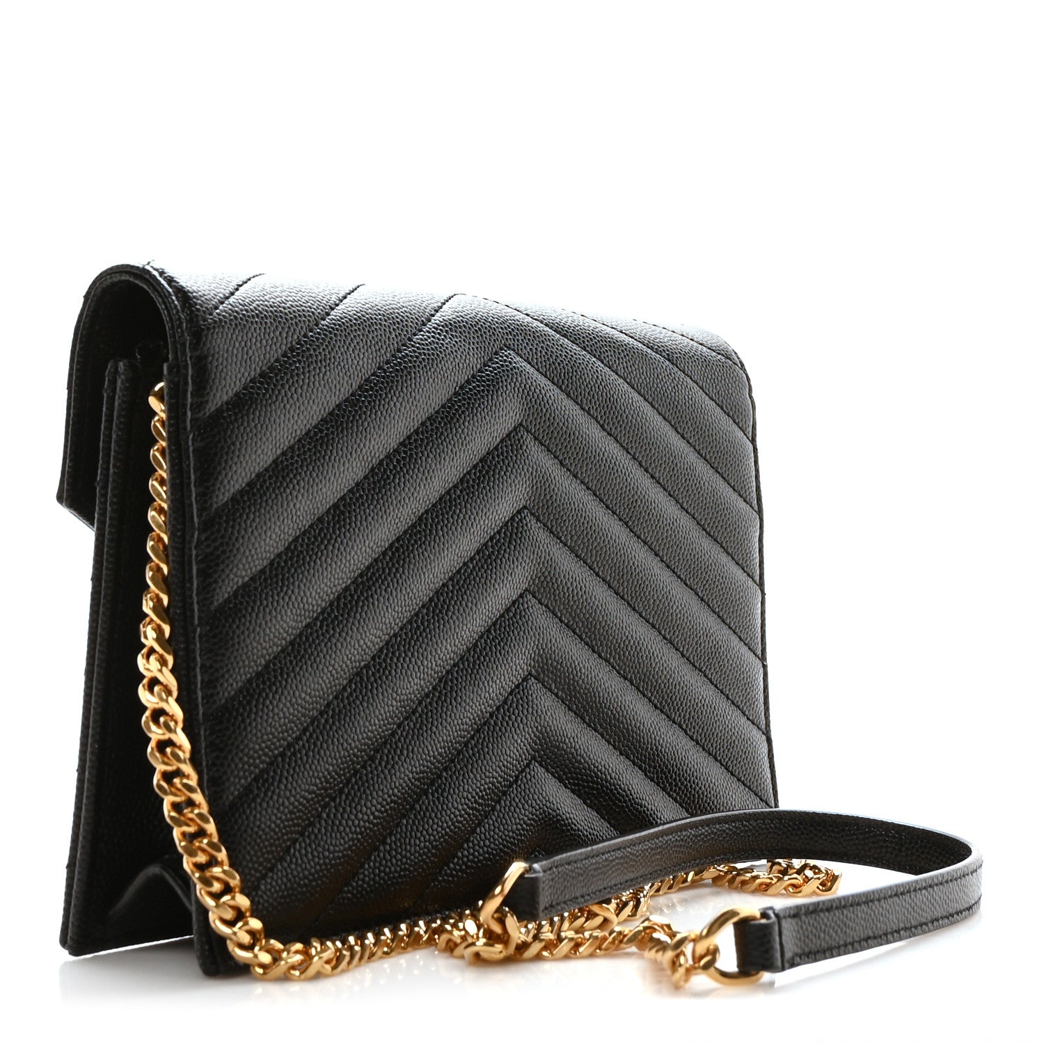 Saint Laurent Grain De Poudre Matelasse Chevron Monogram Envelope Chain Wallet Black 3 of 10