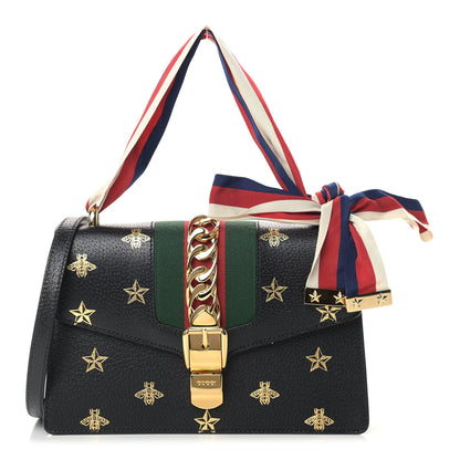 Gucci Textured Calfskin Bee Star Print Small Sylvie Shoulder Bag Black 1 of 10