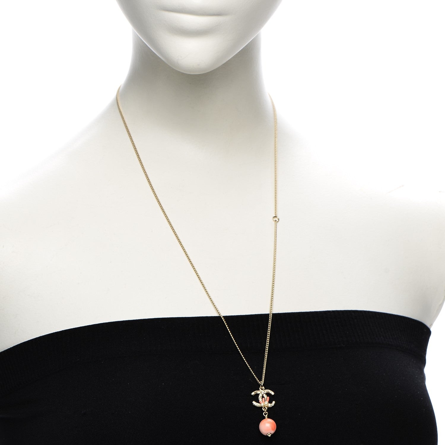 Chanel Coral Pearl Crystal CC Drop Necklace Gold 2 of 5