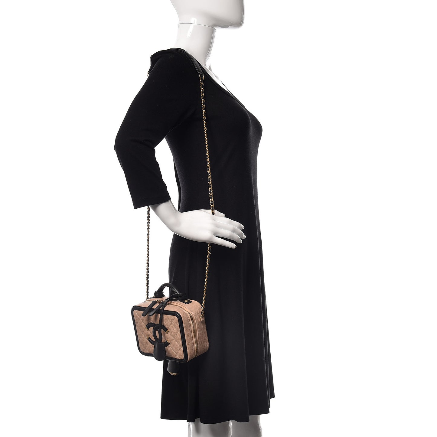 Caviar Quilted Small CC Filigree Vanity Case Beige Black