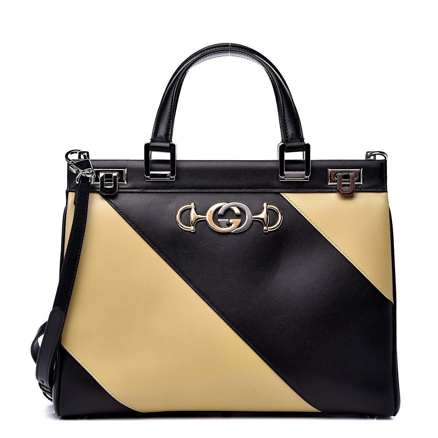 Gucci Smooth Calfskin Diagonal Striped Medium Zumi Top Handle Bag Black Beige 1 of 12