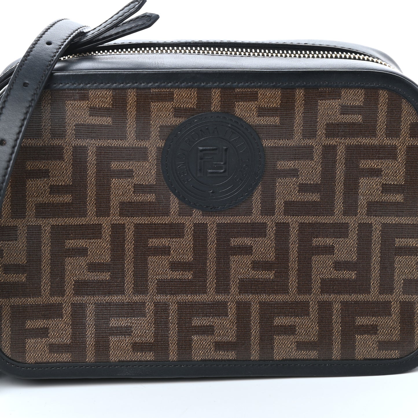 Glazed Fabric Vitello Century FF 1974 Stamp Patch Camera Case Mogano Panna Black