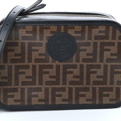 Fendi Glazed Fabric Vitello Century FF 1974 Stamp Patch Camera Case Mogano Panna Black 7 of 9