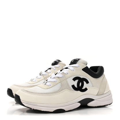 Chanel Mesh Suede Calfskin Grained Calfskin Womens CC Sneakers 40.5 White Black 3 of 11