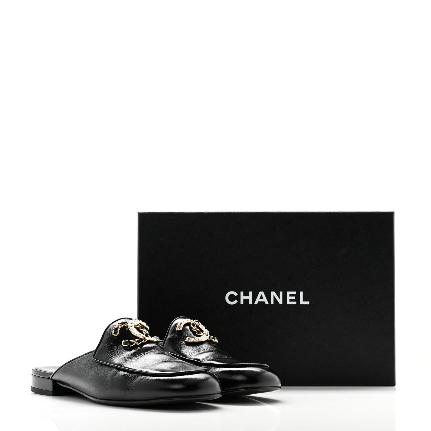 Shiny Calfskin Crystal CC Mules 40.5 Black