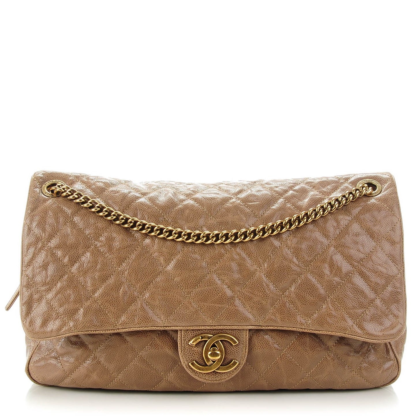 Crumpled Grained Calfskin Quilted Maxi Shiva Flap Beige