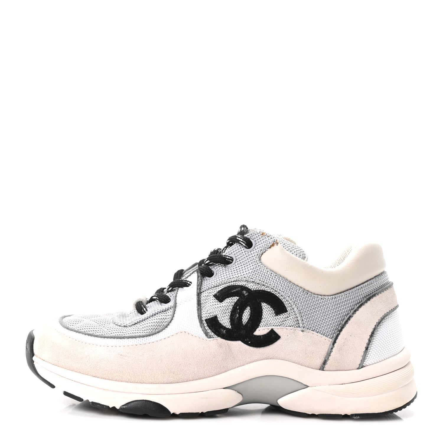 Chanel Mesh Suede Calfskin Grained Calfskin Womens CC Sneakers 37.5 Grey White 1 of 10