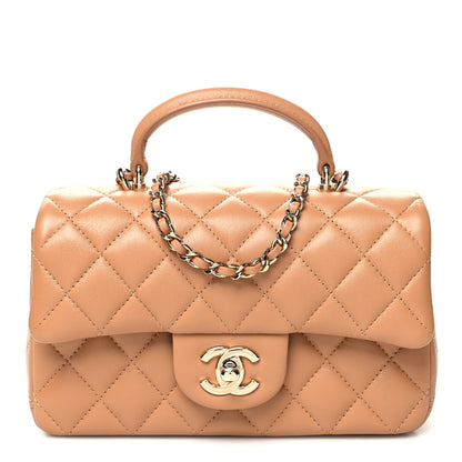 Chanel Lambskin Quilted Mini Top Handle Rectangular Flap Dark Beige 1 of 10