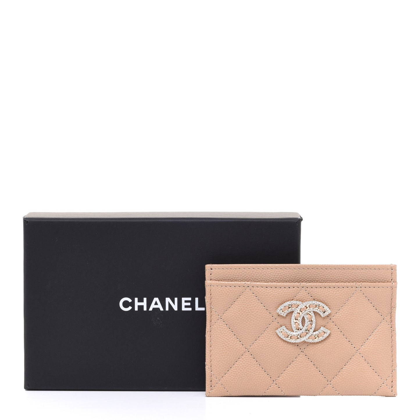 Caviar Quilted Crystal Card Holder Beige