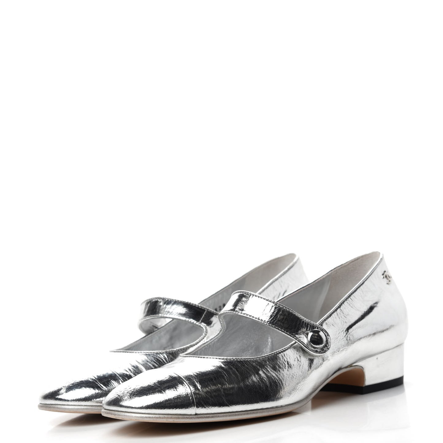 Laminated Goatskin Mary Jane Strap Pumps 36 Silver