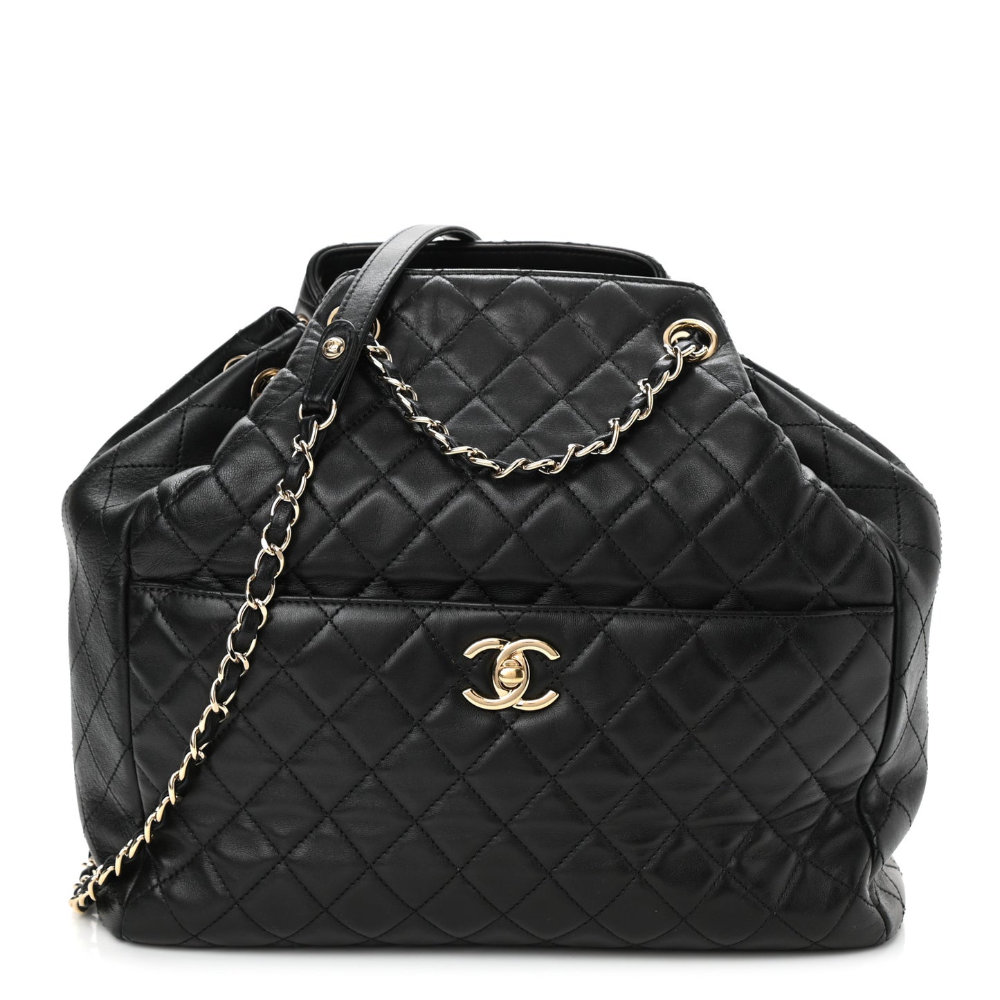 Lambskin Quilted Large Drawstring Bag Black