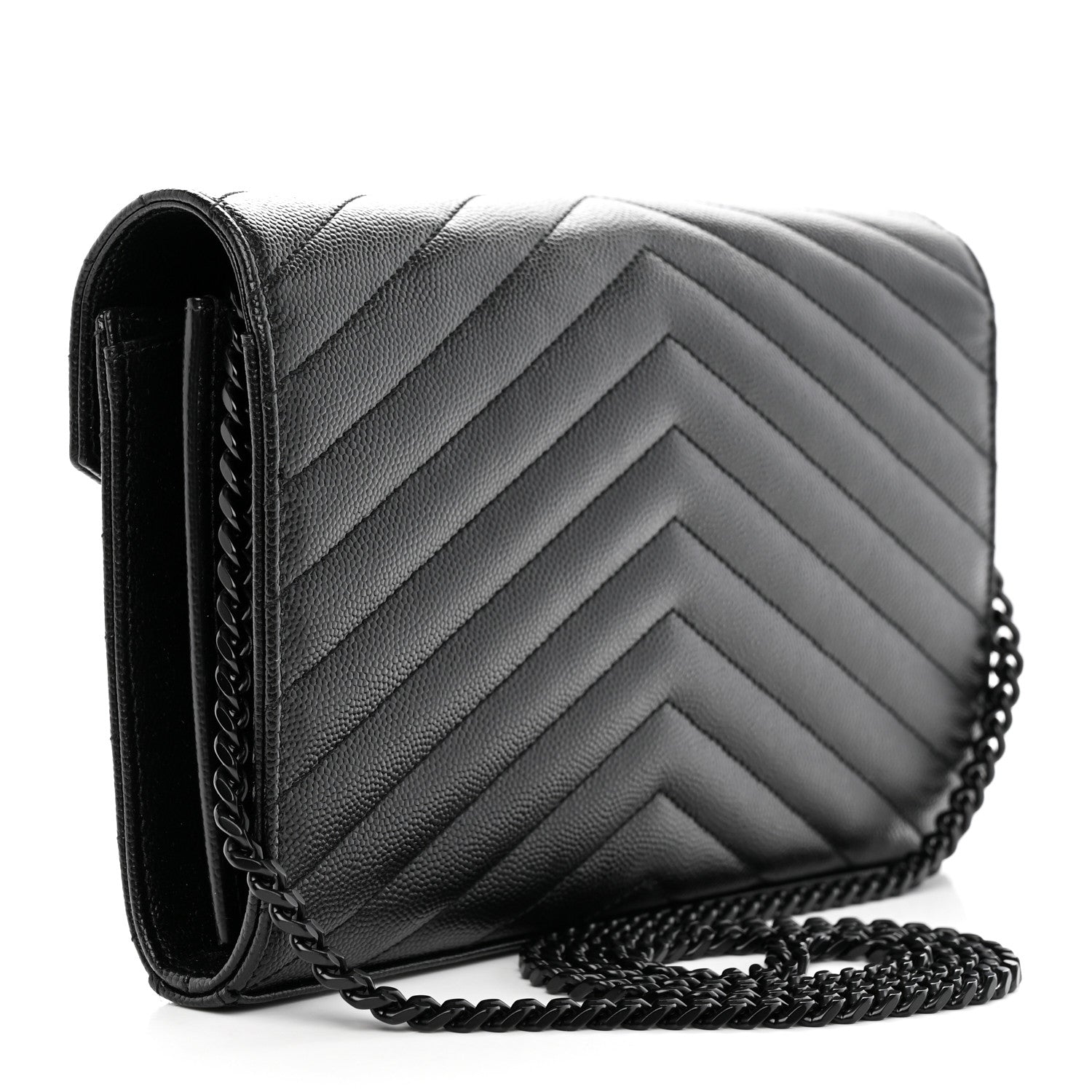 Saint Laurent Grain De Poudre Matelasse Chevron Monogram Monochrome Chain Wallet Black 3 of 12