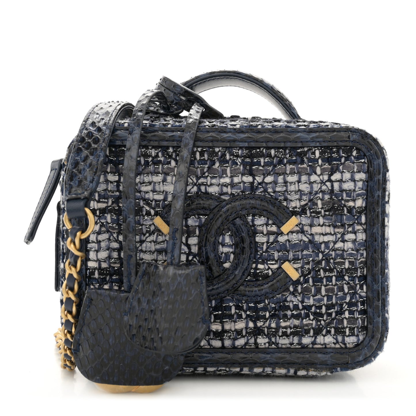 Tweed Snakeskin Quilted Small CC Filigree Vanity Case Dark Navy