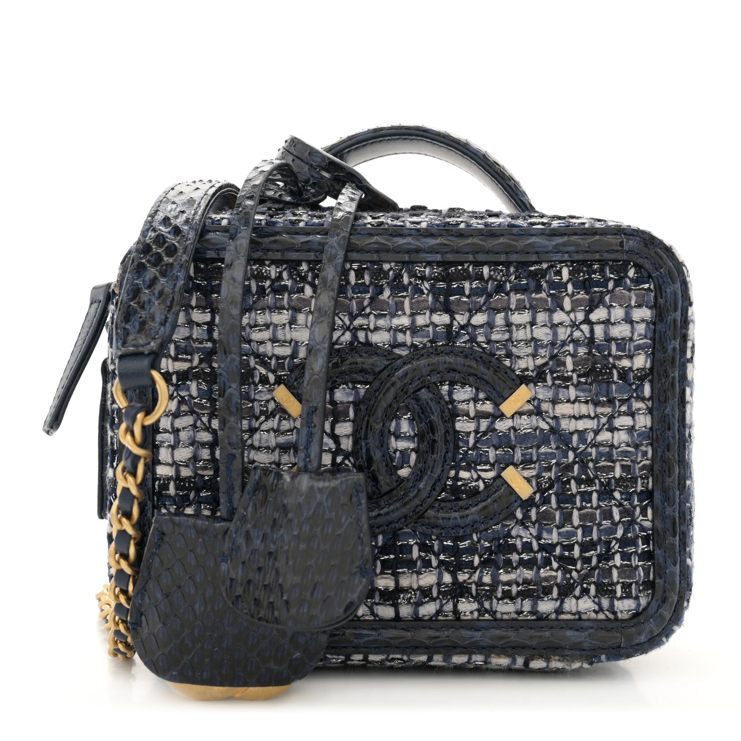 Chanel Tweed Snakeskin Quilted Small CC Filigree Vanity Case Dark Navy 1 of 11