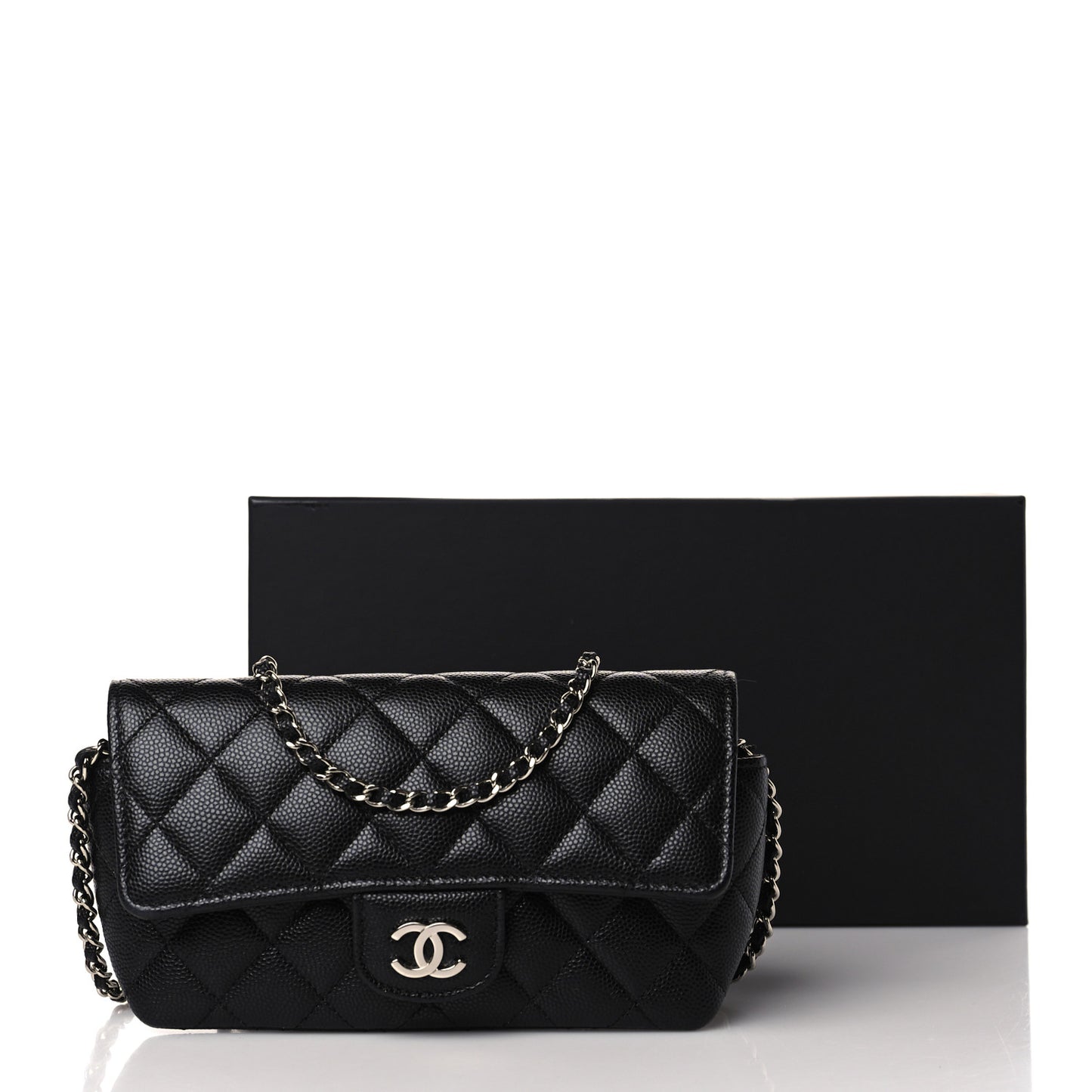 Caviar Quilted Glasses Case With Chain Black