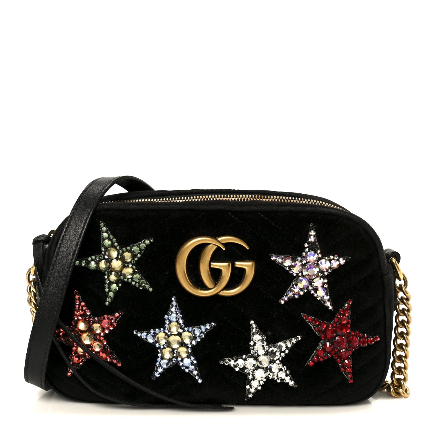 Gucci Velvet Matelasse Crystal Star Embroidered Small GG Marmont Chain Shoulder Bag Black 1 of 11