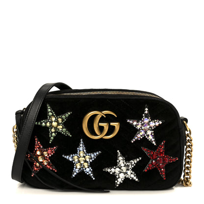 Gucci Velvet Matelasse Crystal Star Embroidered Small GG Marmont Chain Shoulder Bag Black 1 of 11