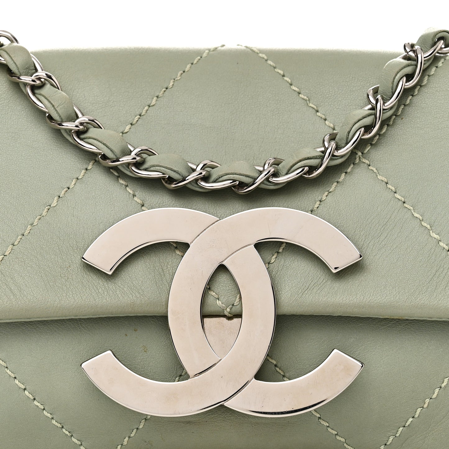 Lambskin Diamond Stitched CC CC East West Flap Light Green