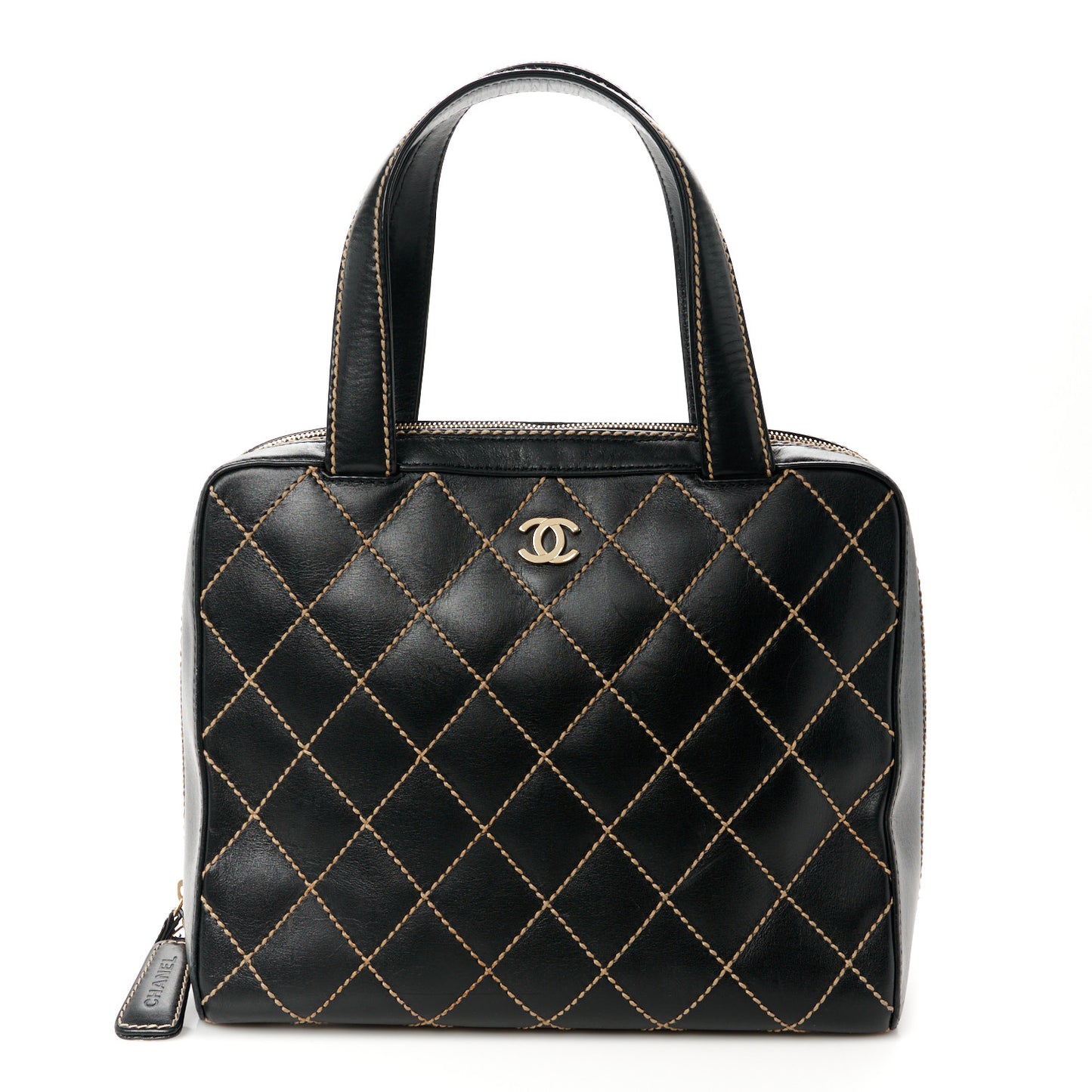 Calfskin Wild Stitch Vertical Top Handle Bag Black