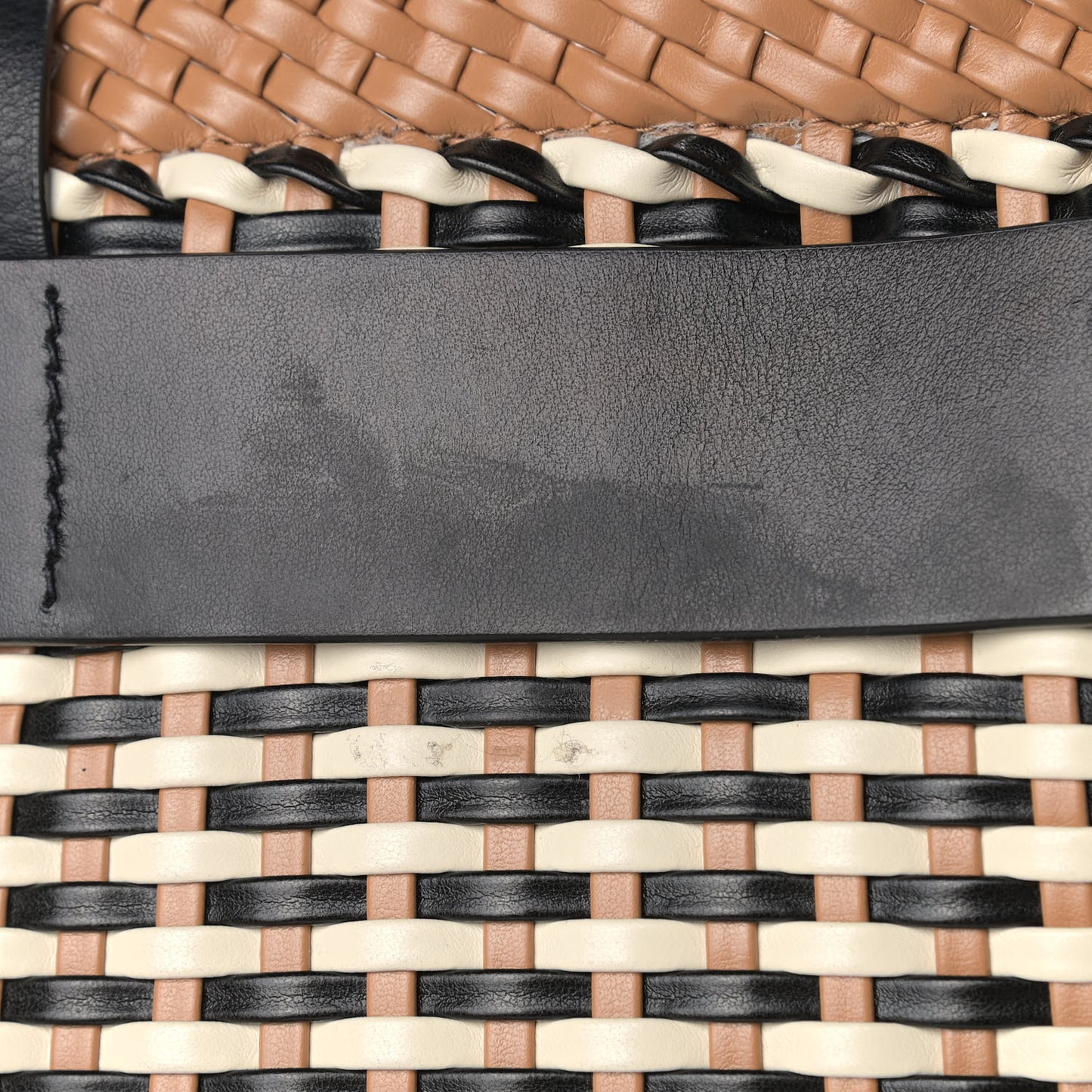 Polyurethane Calfskin Woven Bi-Color Tote Beige Black