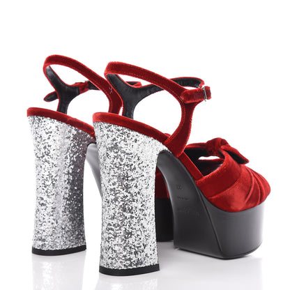 Saint Laurent Velluto Claire Tripon Glitter Platform Sandals 37 Rosso Argento 4 of 9
