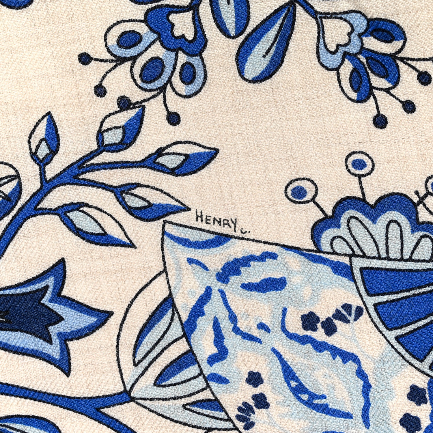 Hermes Cashmere Silk Fleurs et Papillons De Tissus Giant Triangle Scarf Naturel Ciel Marine 3 of 5