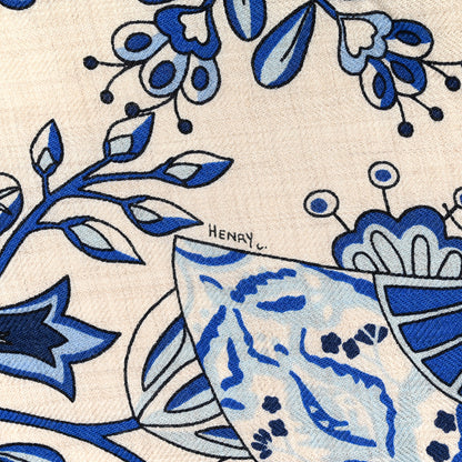 Hermes Cashmere Silk Fleurs et Papillons De Tissus Giant Triangle Scarf Naturel Ciel Marine 3 of 5