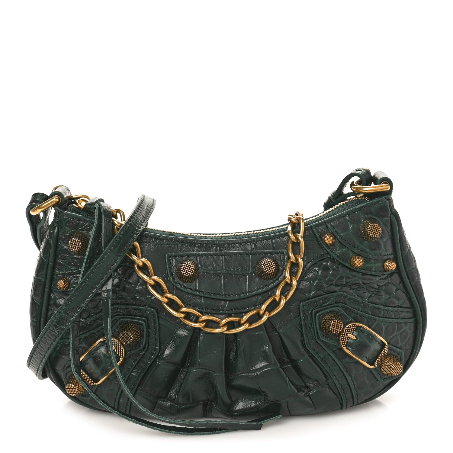 Balenciaga Extra Supple Calfskin Crocodile Embossed Mini Le Cagole Purse With Chain Forest Green 1 of 8