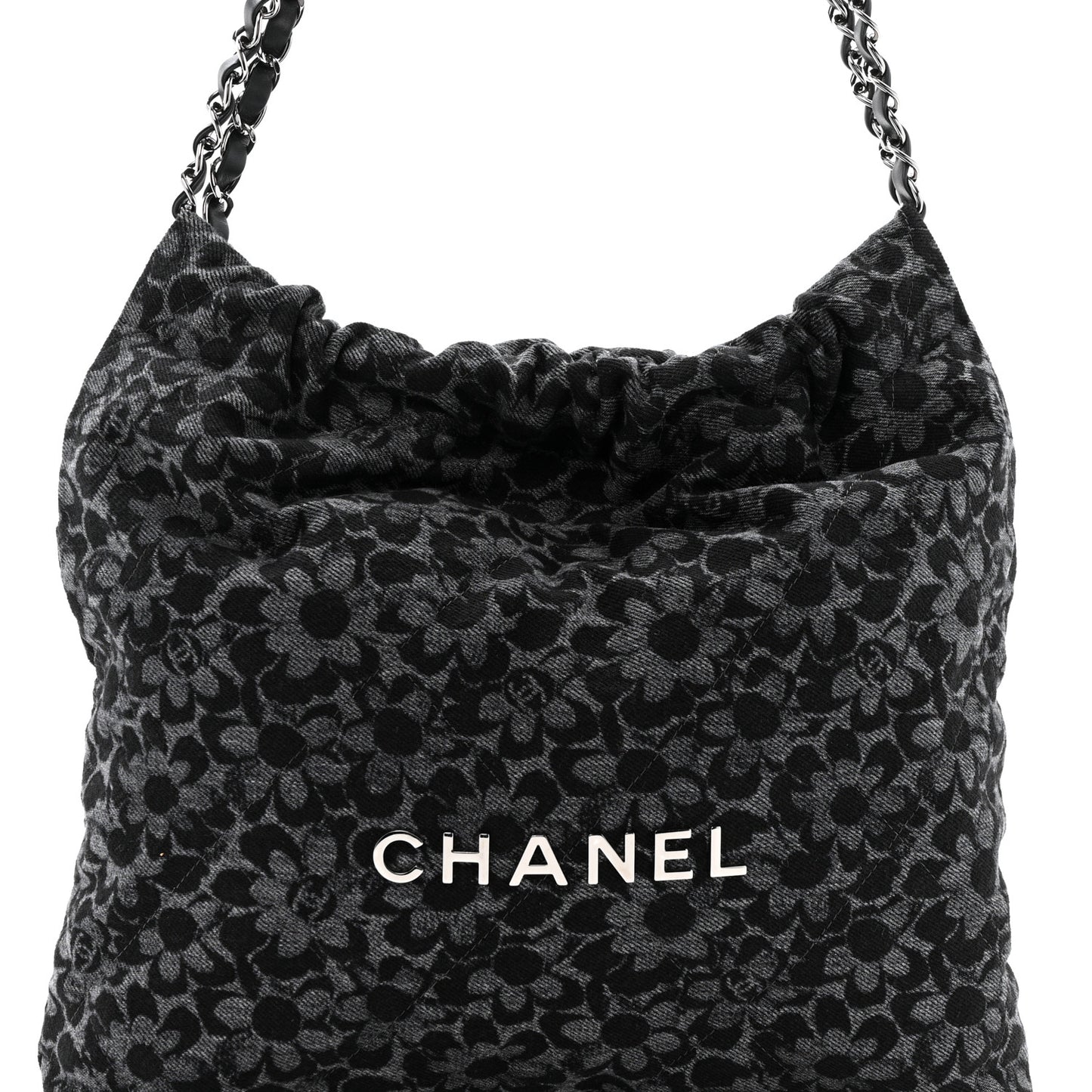 Denim Quilted Floral Print Small Chanel 22 Black