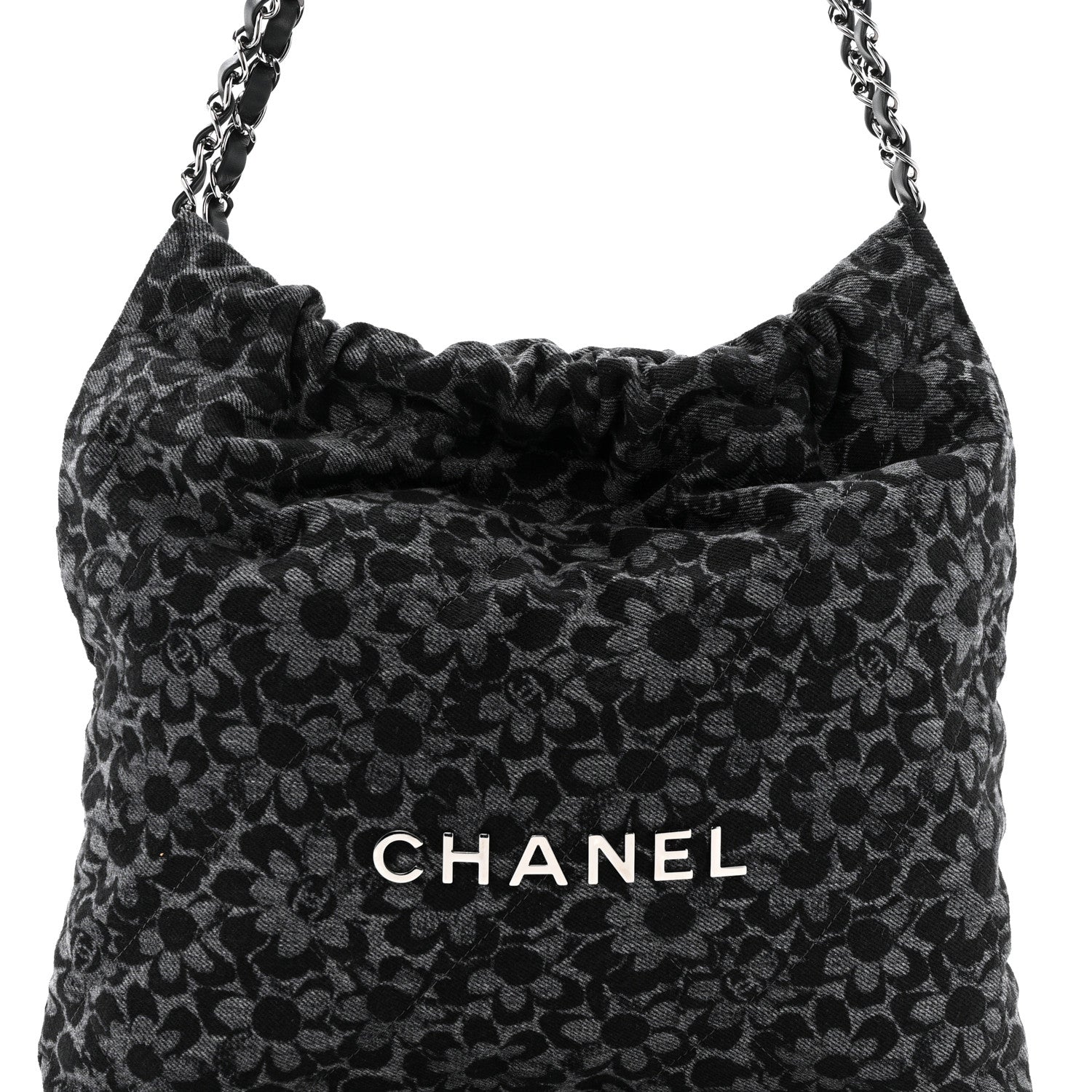 Chanel Denim Quilted Floral Print Small Chanel 22 Black 9 of 12