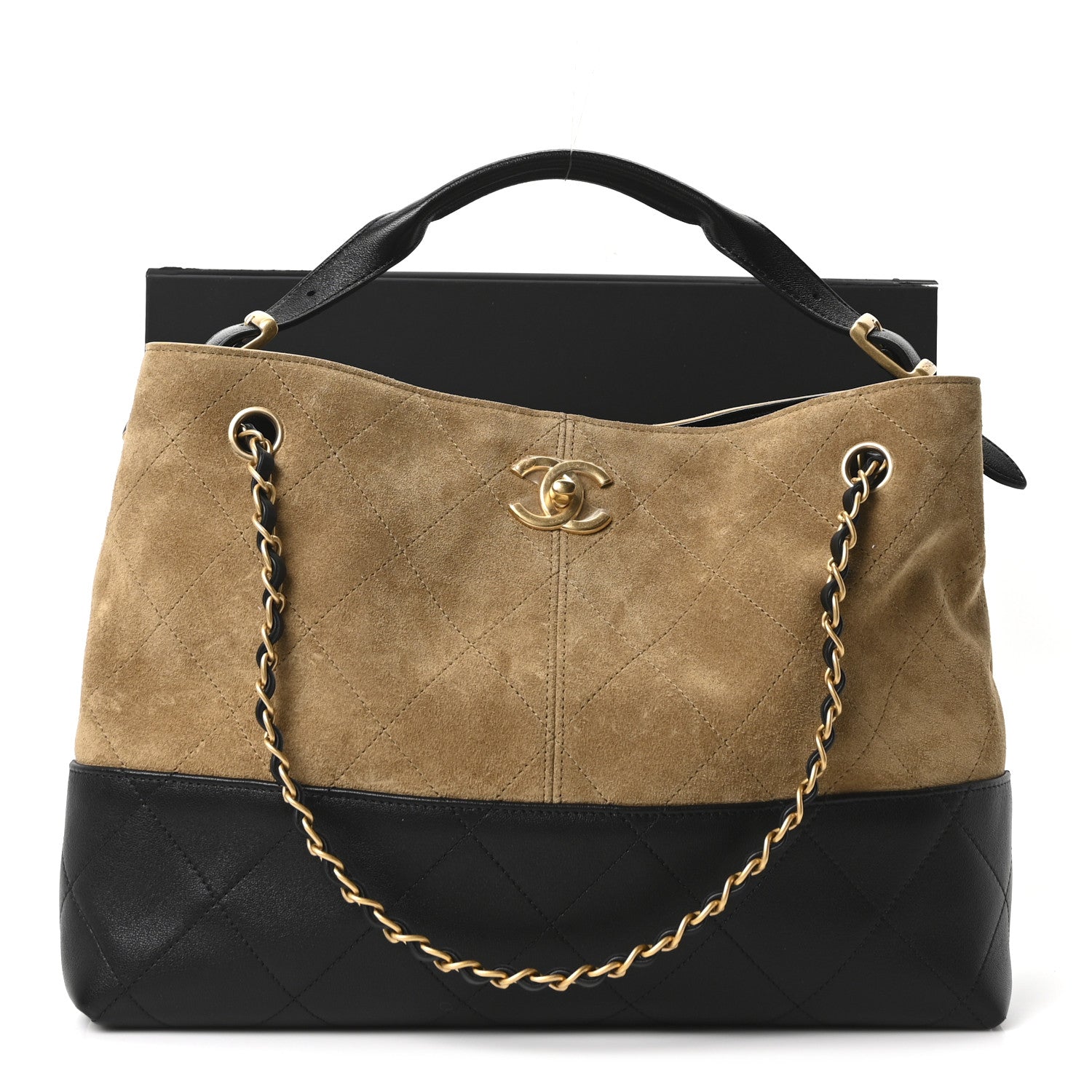 Chanel Suede Calfskin Shiny Lambskin Quilted Small Coco Base Shopping Bag Beige Black 11 of 11