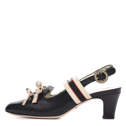 Gucci Malaga Kid Bow Ace Stripe Mid Heel Slingback Pumps 36.5 Black 1 of 9