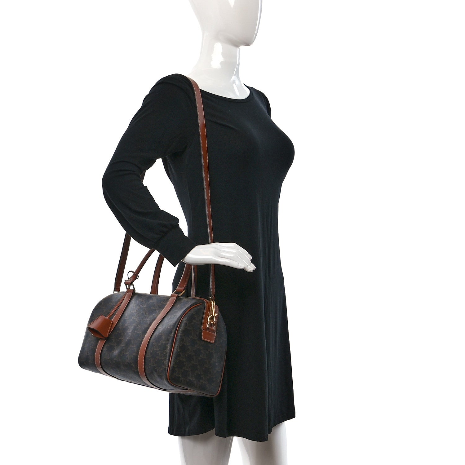 Celine Triomphe Canvas Calfskin Boston Bag Tan 2 of 8